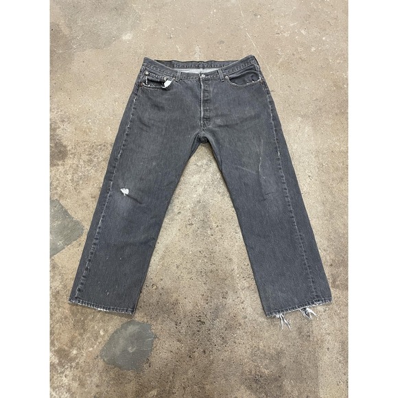 Levis 501 Jeans Mens 38x30 Gray Charcoal Straight Button Fly Frayed Hems